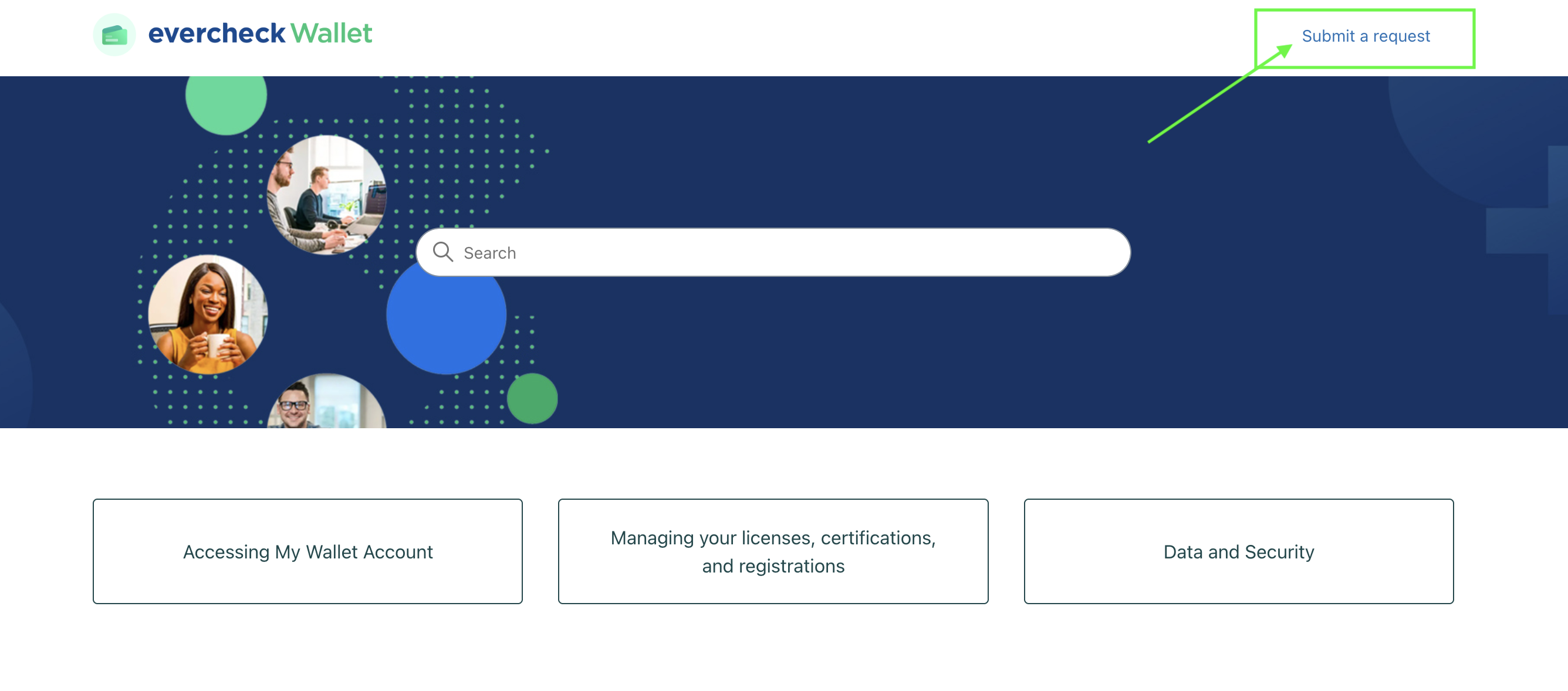 The EverCheck Wallet Help Center homepage featuring a prominent search bar and navigation tiles for "Accessing My Wallet Account," "Managing your licenses, certifications, and registrations," and "Data and Security." In the top-right corner, a green box and arrow highlight the "Submit a request" link.
