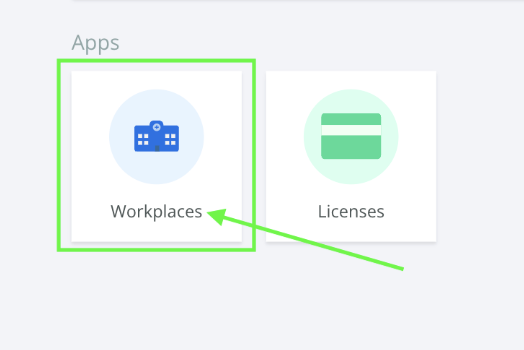 The "Apps" section of the EverCheck Wallet interface, featuring two dashboard tiles. The first tile is labeled "Workplaces" and features a blue building icon, while the second tile is labeled "Licenses" and features a green card icon. A green box and arrow highlight the "Workplaces" tile.