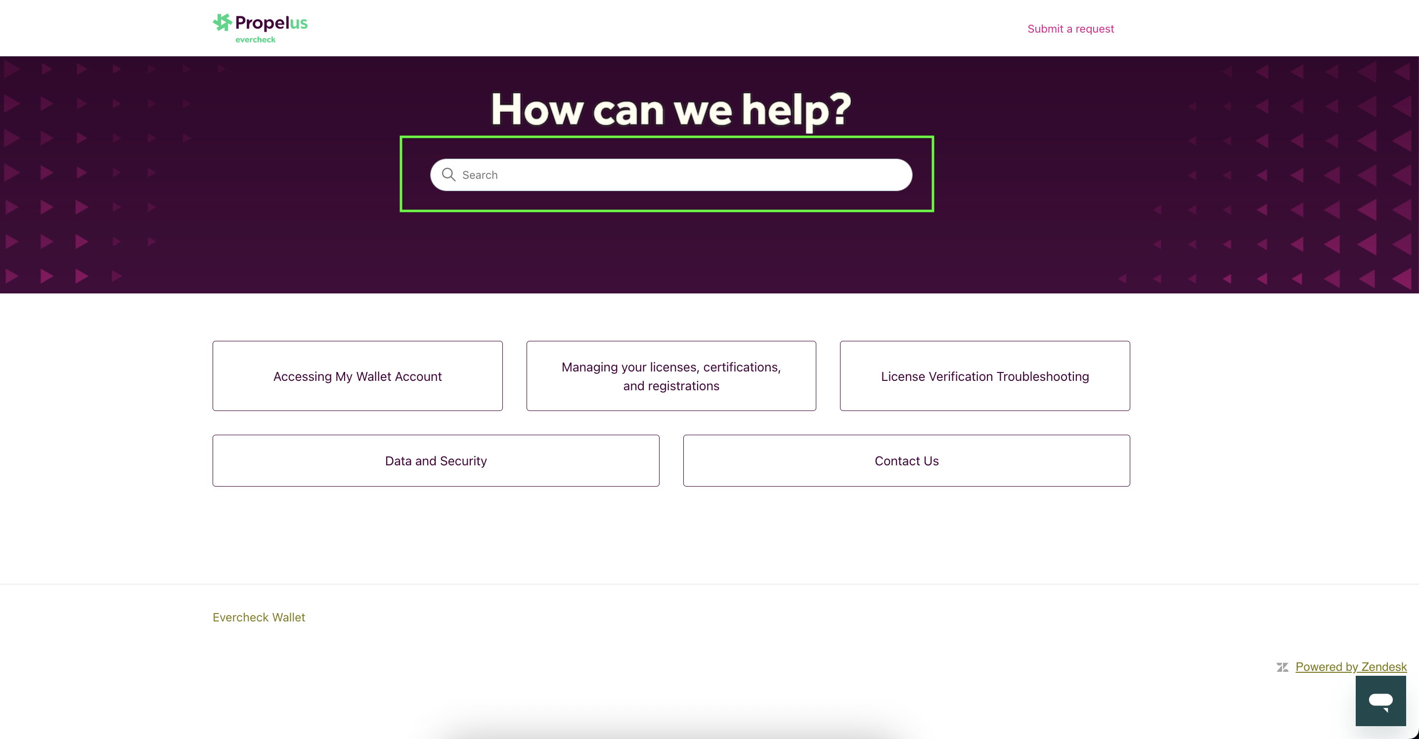 Screenshot of the Propelus EverCheck support page featuring a dark banner reading "How can we help?" with a search bar highlighted by a green border. Below the banner are buttons for support topics including "Accessing My Wallet Account," "Managing your licenses, certifications, and registrations," "License Verification Troubleshooting," "Data and Security," and "Contact Us."