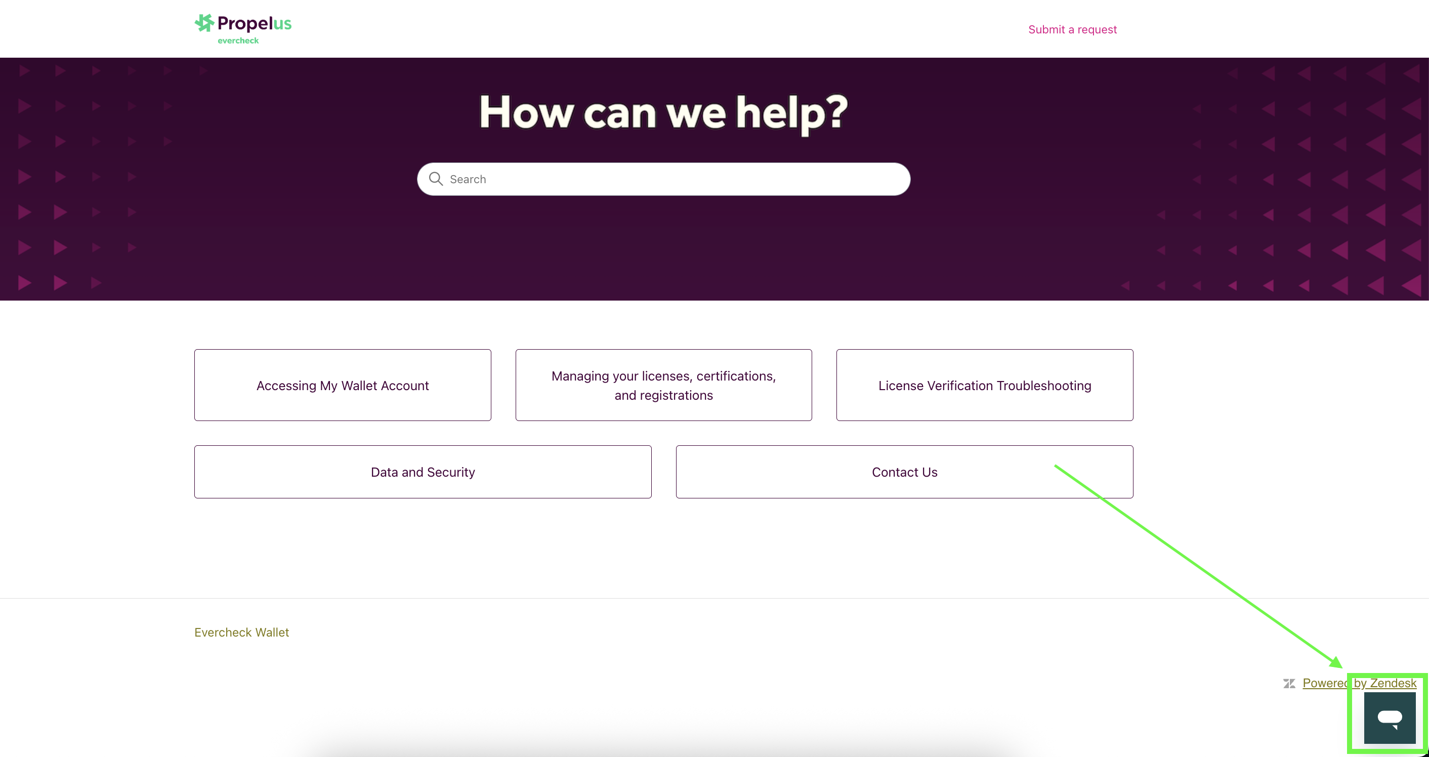 Screenshot of the Propelus EverCheck support page, with a long green arrow pointing from the "Contact Us" option down to a chat widget icon outlined in a green box at the bottom-right corner of the screen.