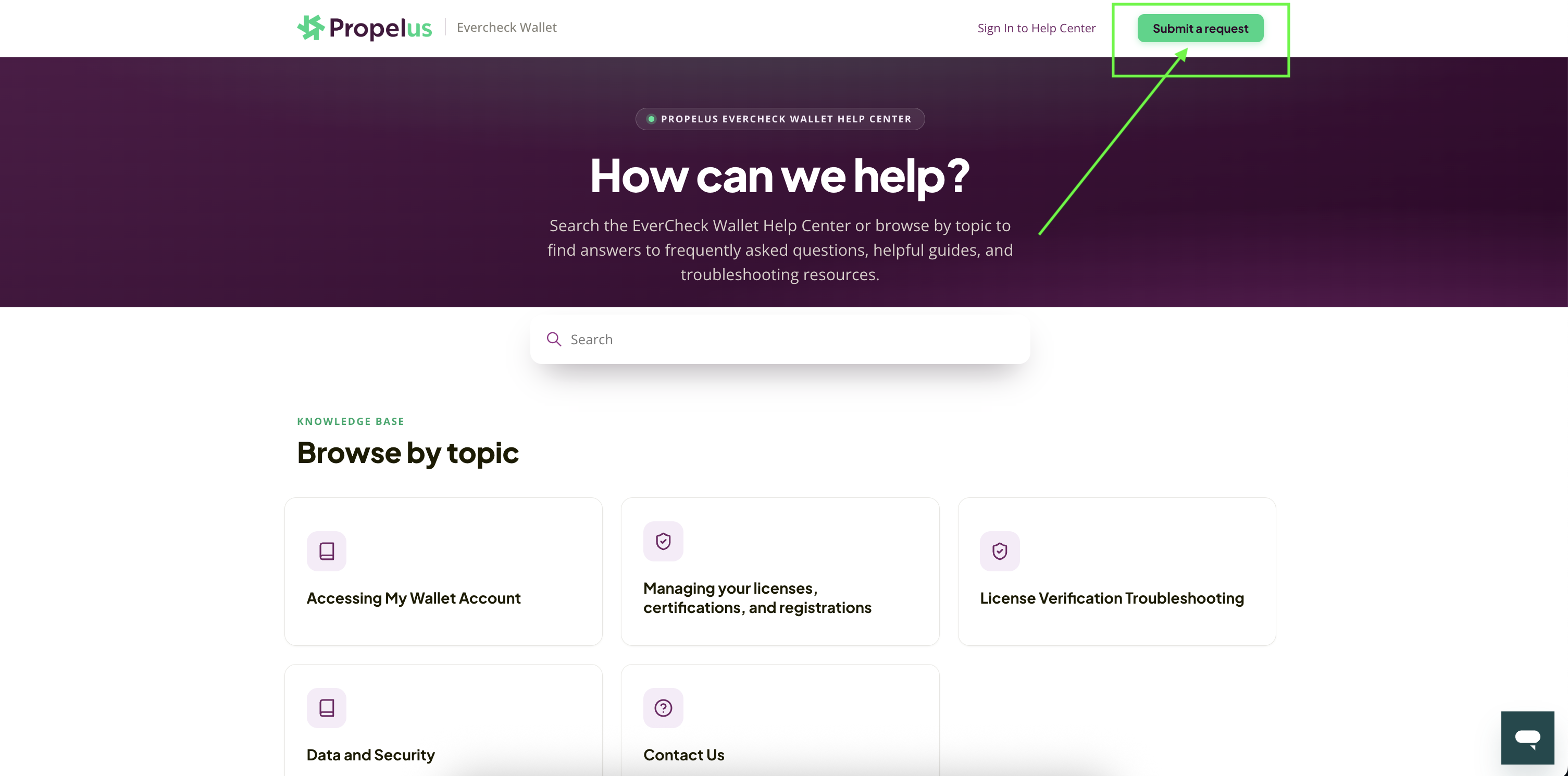 Screenshot of the Propelus EverCheck Wallet Help Center, with a green arrow pointing to a green-highlighted "Submit a request" button located in the top-right corner next to "Sign In to Help Center."