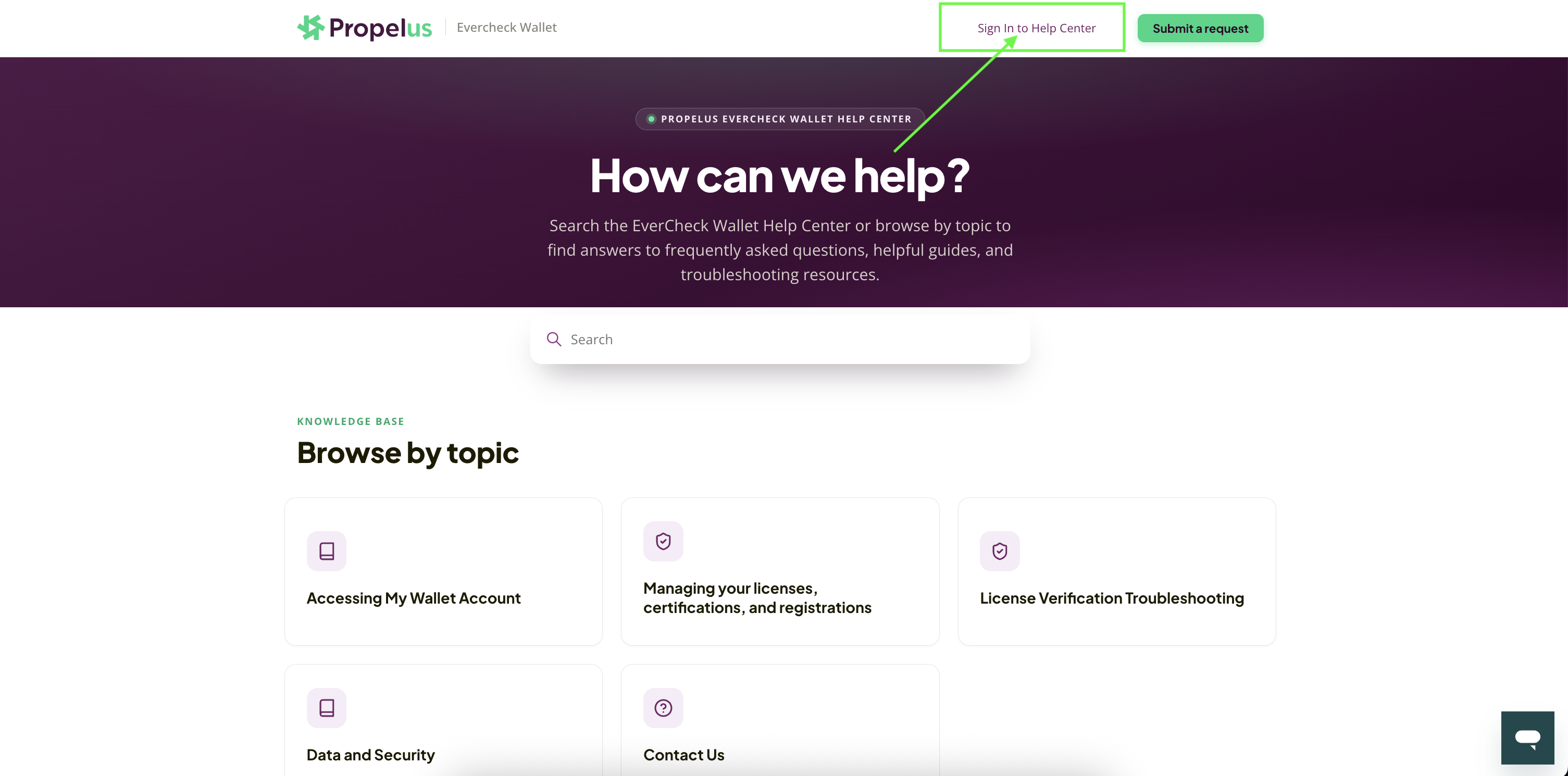 Screenshot of the Propelus EverCheck Wallet Help Center header, with a green arrow pointing to a green-outlined "Sign In to Help Center" button in the top right corner next to a "Submit a request" button. Below, the dark banner reads "How can we help?" above topic categories like "Accessing My Wallet Account" and "Contact Us."